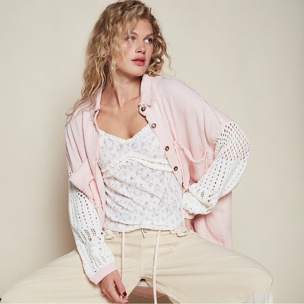 POL Oversize Button Down Sweater Sleeve Gauze Shirt - Picture 3 of 7